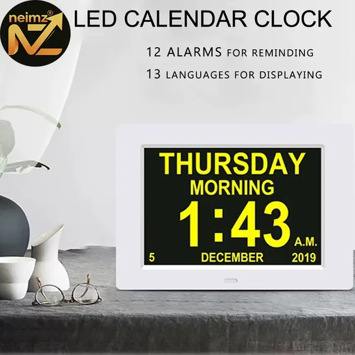 Horloge calendrier LED avec 12 alarmes