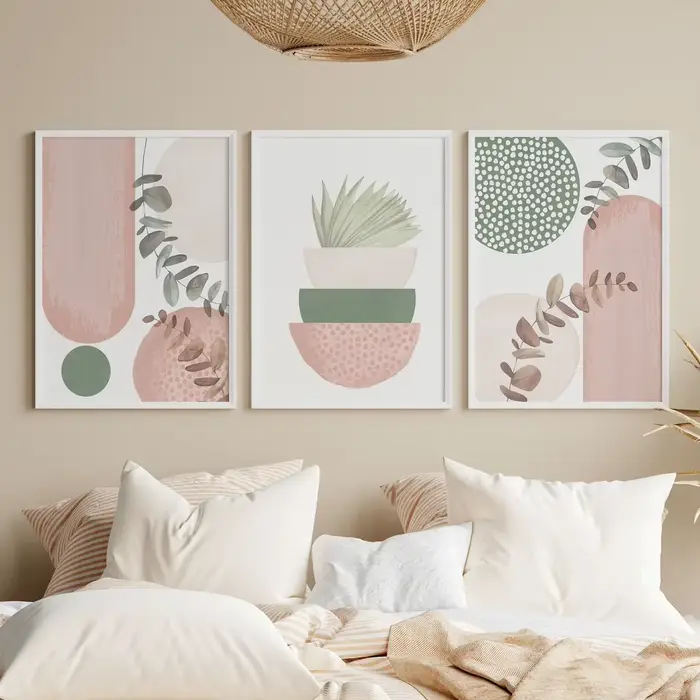Lot de 3 tableaux muraux bohèmes modernes rose et vert – Décoration murale minimaliste pour salon –