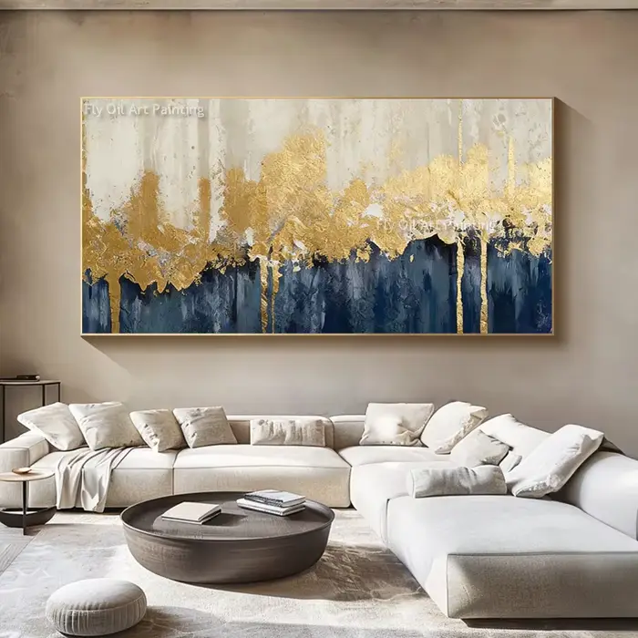 Toile moderne peinte à la main en feuille d'or bleue et Beige