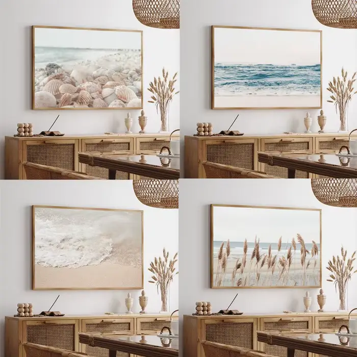 Coquillage plage doux bleu océan herbe minimal côtier affiche toile peinture impression neutre mur Art chambre décor à la maison