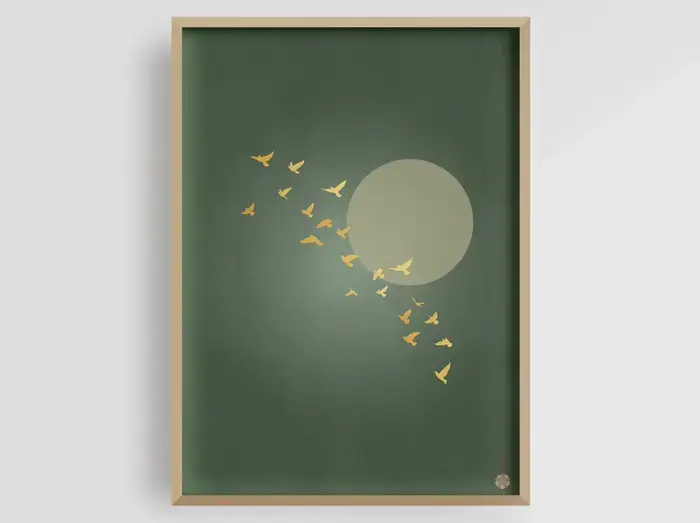 Impression d'art Japandi Yellow Sun, art mural oiseaux en vol, art abstrait, décoration de salon, gr