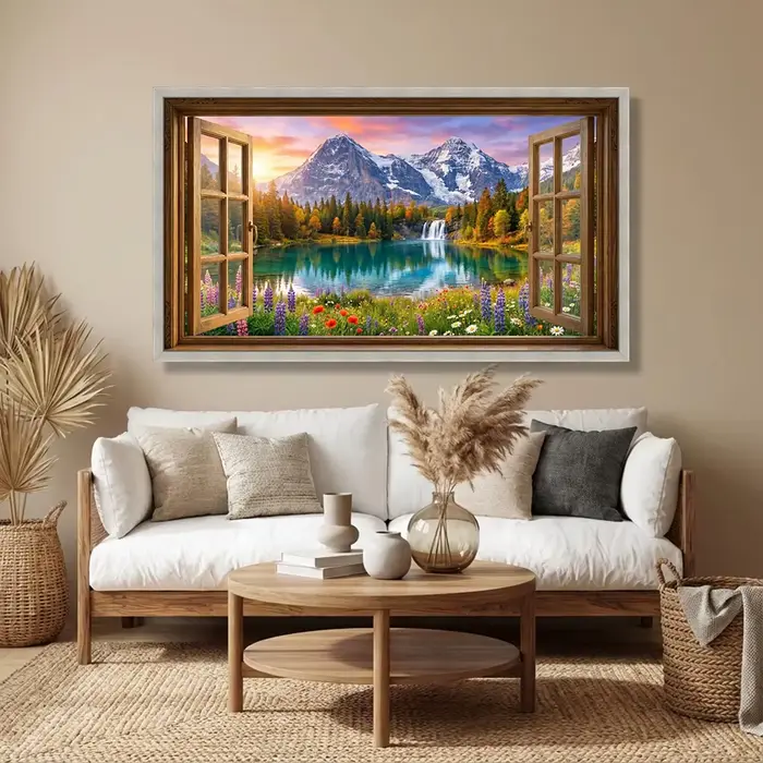 Vue sur le lac de montagne depuis une fenêtre ouverte, toile, art mural, cascade et fleurs sauvages, toile de paysage naturel pittoresque