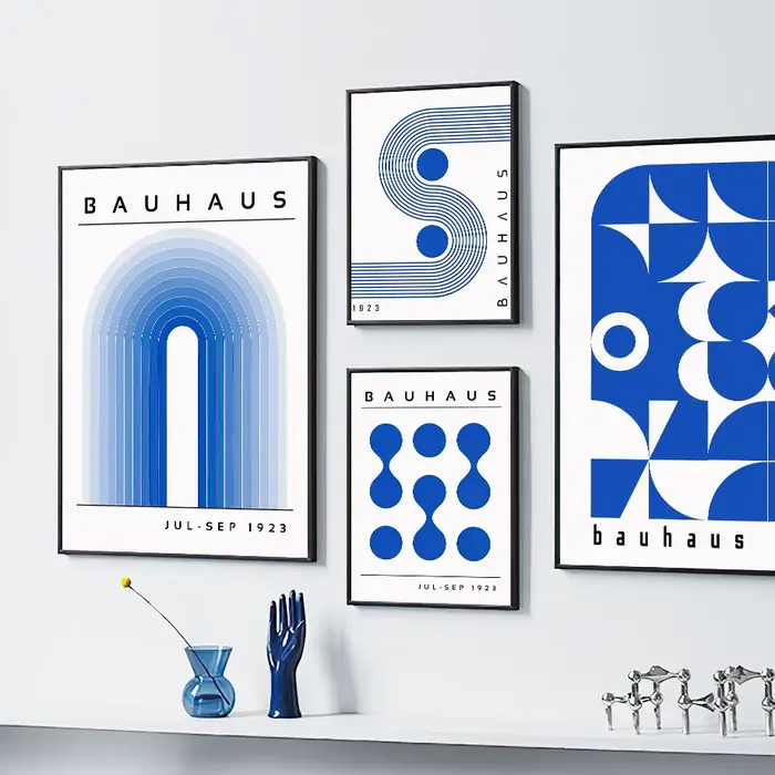 Peintures sur toile bleues Bauhaus de style moderne du milieu du siècle
