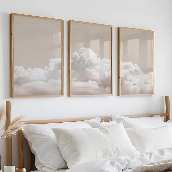 Ensemble de 3 tableaux muraux nuages beiges, affiches nuages blancs, impressions minimalistes ciel, décorations murales modernes pour la maison, peintures sur toile pour la décoration de chambre