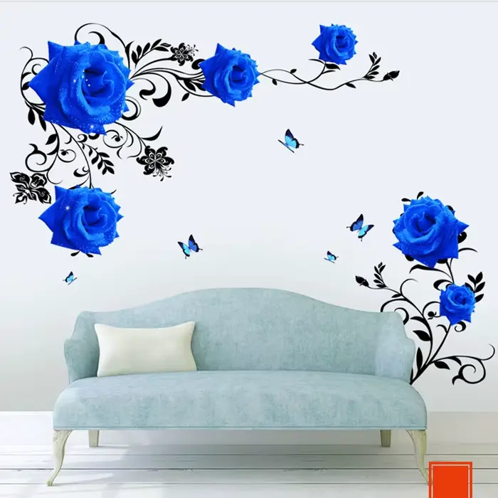 Autocollants muraux de fleurs de rose bleue de grande taille