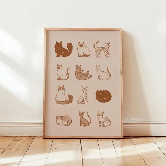 Décoration murale minimaliste avec tableau des races de chats bleus - Illustration élégante en art linéaire mettant en
