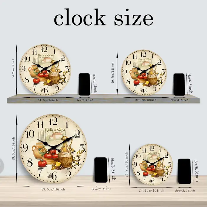Horloge murale en bois vintage motif huile d'olive et tomate