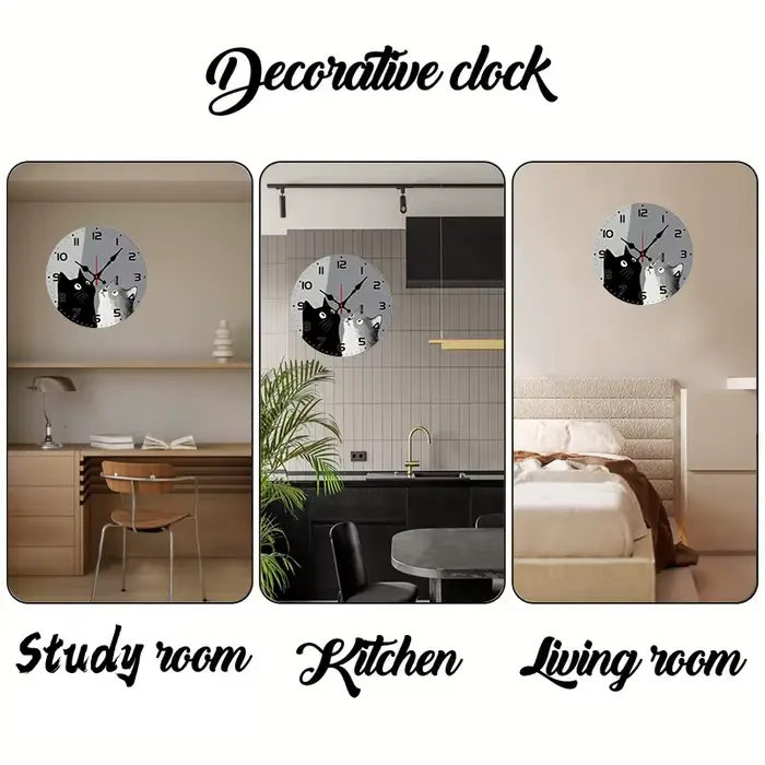 Horloge murale suspendue silencieuse ronde en bois avec chats noirs et blancs