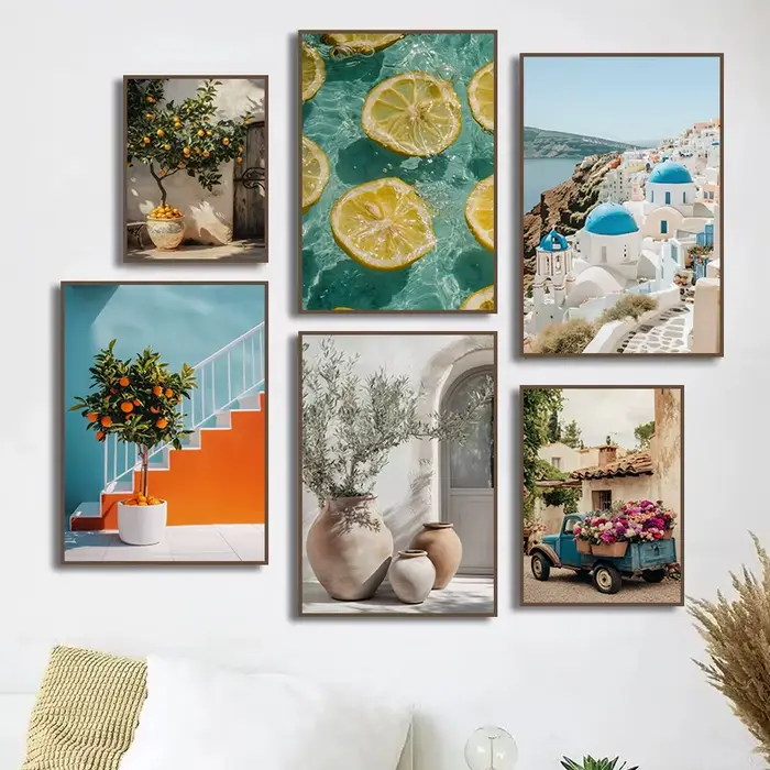 Tableau sur toile imprimé Paysage Méditerranéen Rétro Italie Citron Orange Olives Grèce