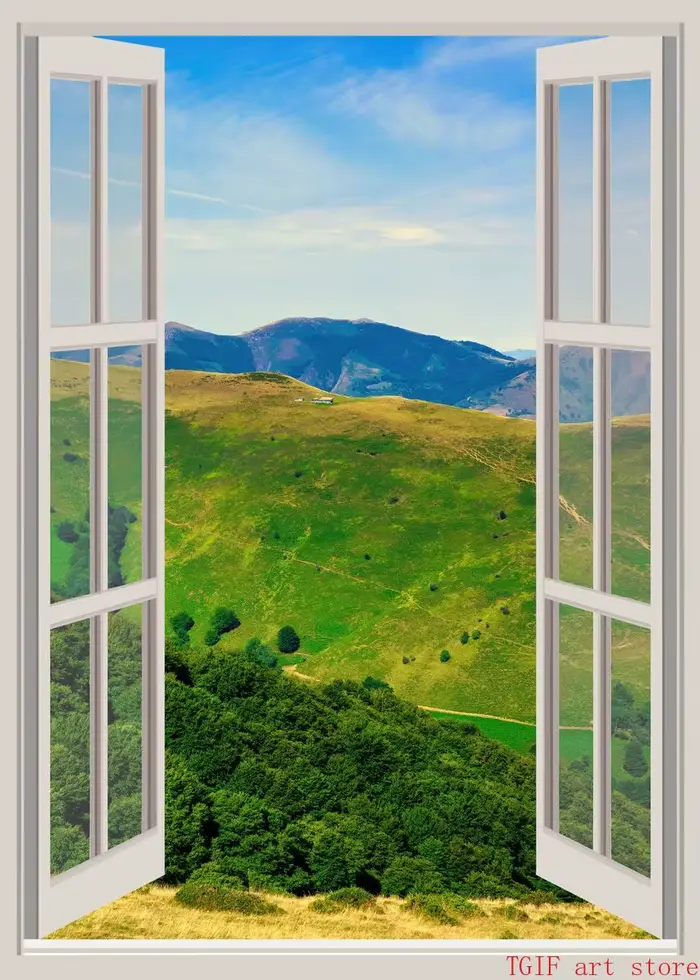 Affiches de paysage de plage, effet de fenêtre, coucher de soleil, cascade de montagne, vue sur la m