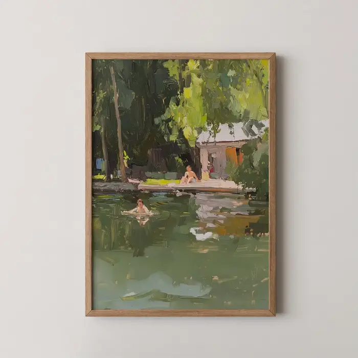 Impressionniste - Tableau mural décoratif sur le thème du lac d'été - Peinture à l'huile expressive 