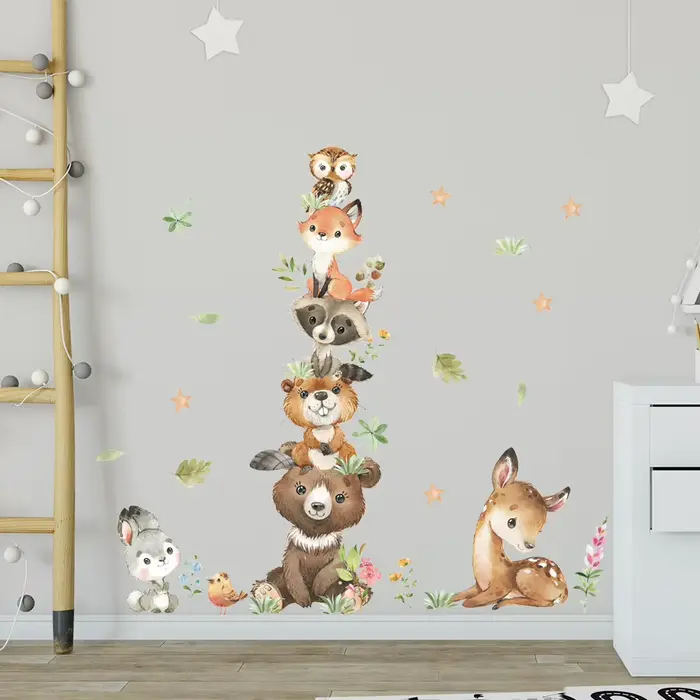 Dessin animé mignon Stickers muraux animaux de la forêt ours lapin aquarelle autocollant mural pour bébé pépinière