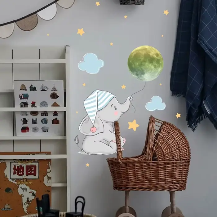 Autocollant mural lumineux bébé éléphant lune