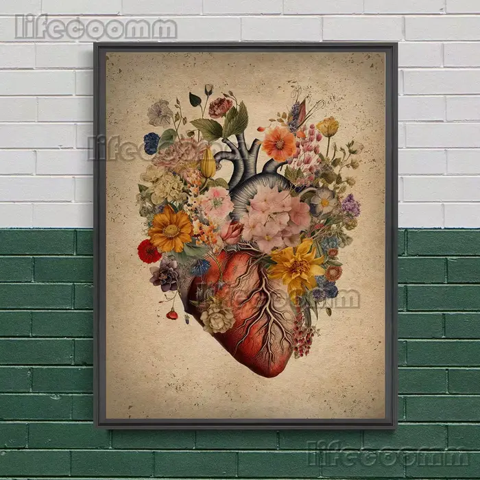 Coeur plein de fleurs, peinture sur toile d'art mural abstrait, Art de cœur fantastique doré, affich