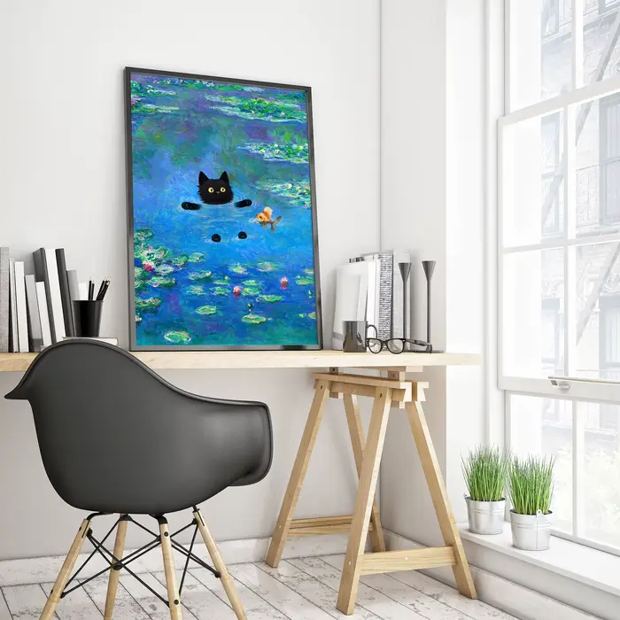 Claude Monet œuvres d'art intéressant mignon chat noir Lotus étang affiche toile peintures mur Art photos pour salon décor à la maison