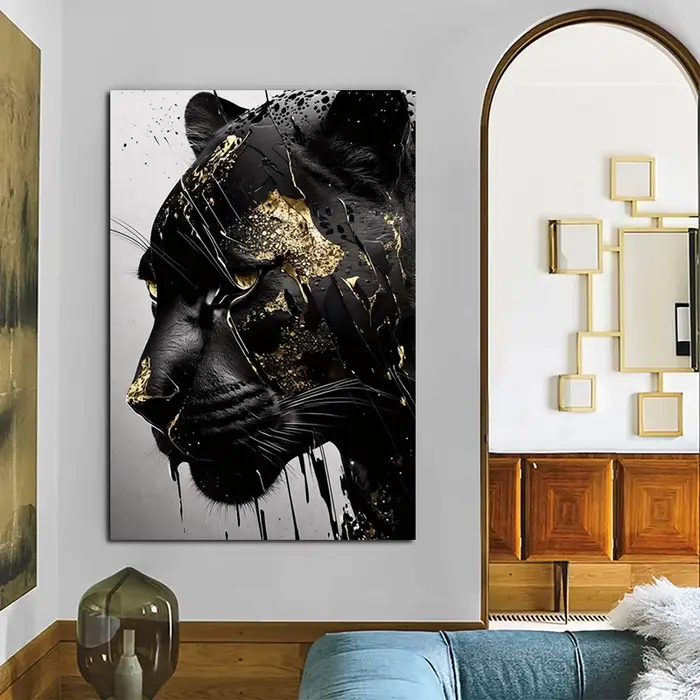 Affiches et imprimés d'art mural abstrait panthère noire et dorée