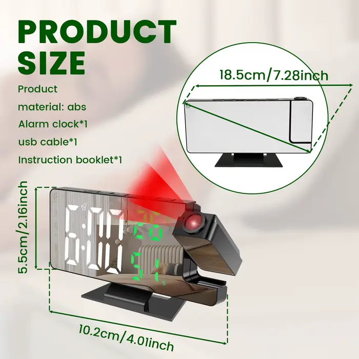 Réveil numérique LED, horloge de projection avec 180 ° Miroir de projecteur rotatif