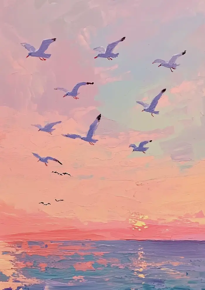 Affiche d'art avec vue sur la mer, coucher de soleil douce et belle, océan, été, peinture à l'huile
