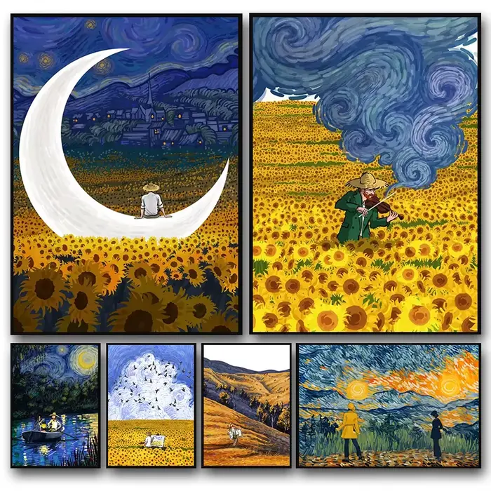 Abstrait Van Gogh tournesol fleur ciel étoilé Art photos affiche impression peinture à l'huile toile