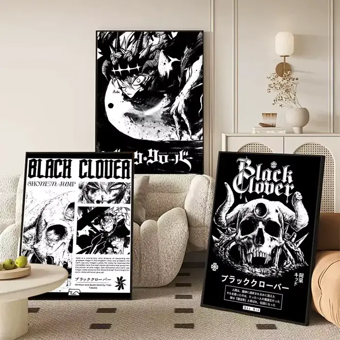 B-B-Black Anime Clover Poster Aesthetic HD PVC Wall Art - Imperméable et réutilisable pour la maison