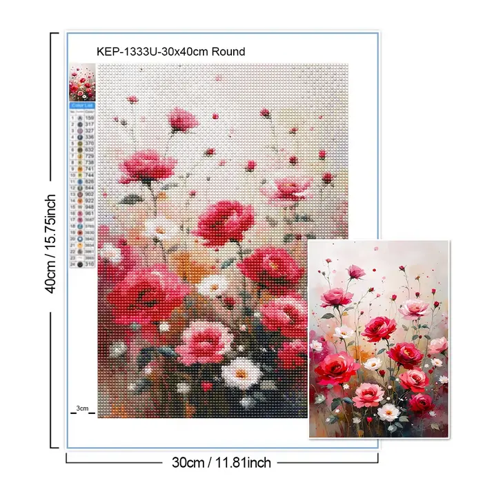 Peinture Diamant Champ de Fleurs de Coquelicot et de Rose