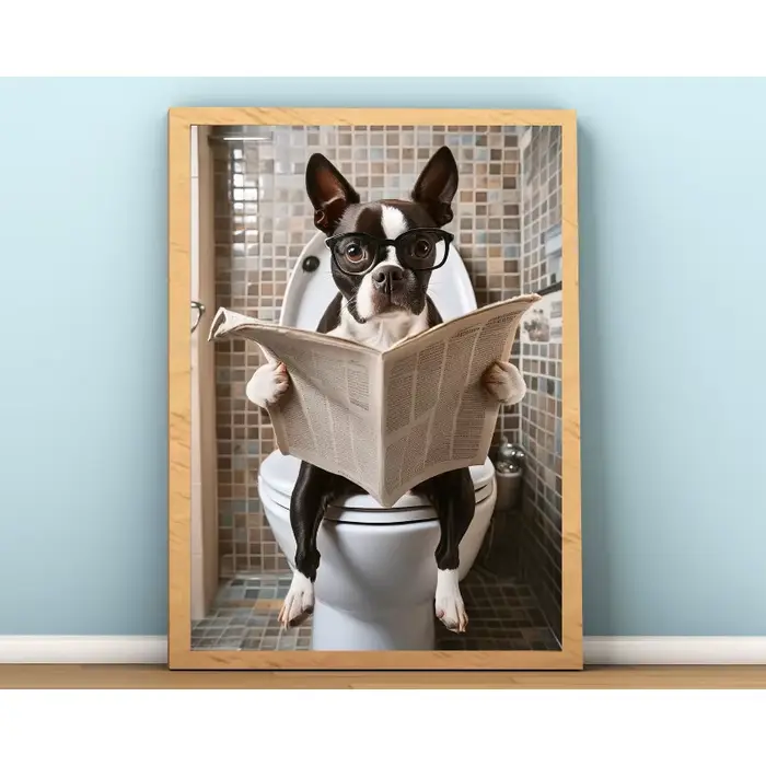 Affiche de journaux de lecture d'animaux assis sur la toilettes, impression sur toile de chien de do