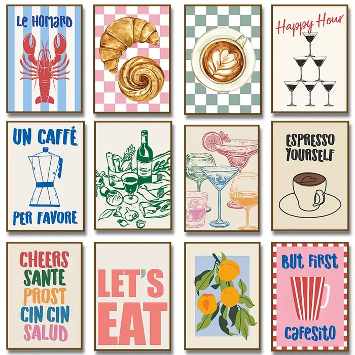 Affiche rétro café croissant cocktail Cheers Food and Clicks Fruit