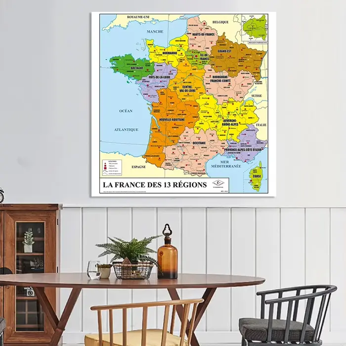 Affiche murale en vinyle de la carte politique de la France, peinture sur toile non tissée, décorati
