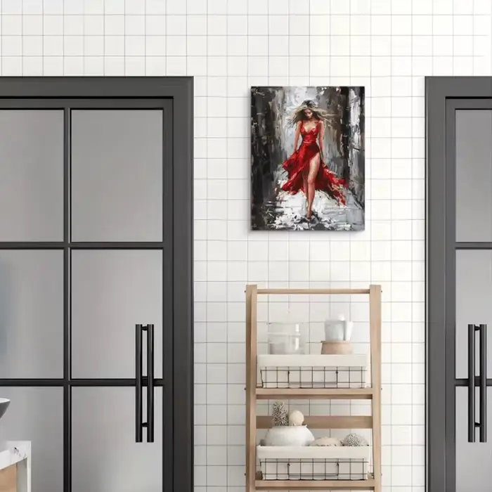 Peinture sur toile de femme élégante en robe rouge