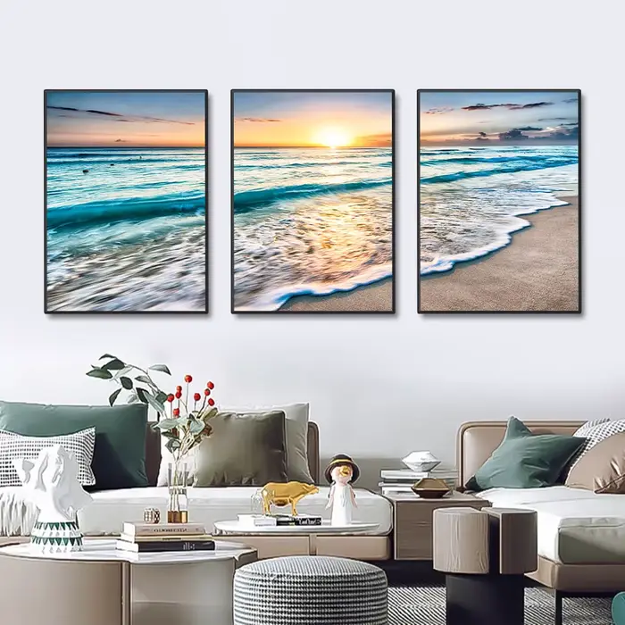 Toile de peinture moderne ondulée plage coucher de soleil