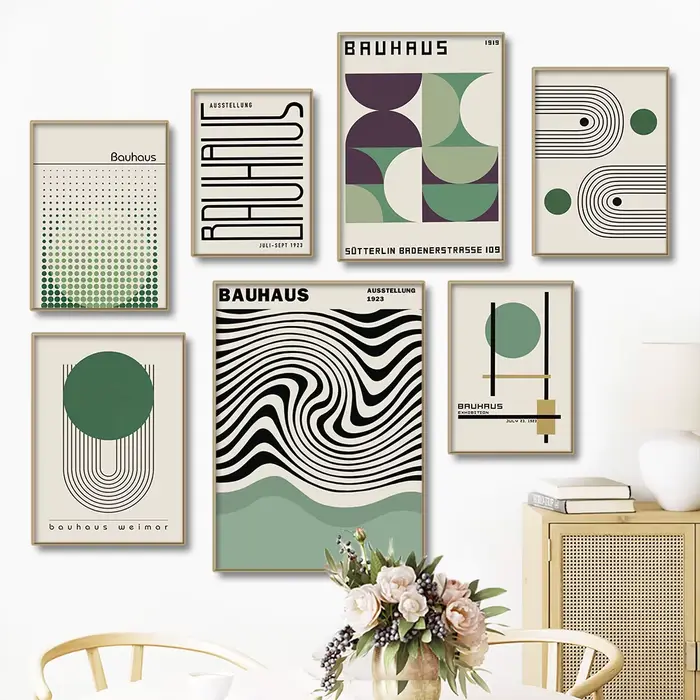 Bauhaus – affiches murales modernes et minimalistes, lignes de blocs de couleurs vertes, imprimés, peinture sur toile, images abstraites, décor de salon