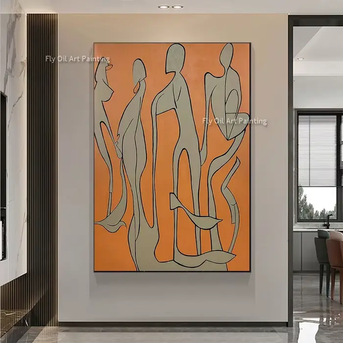 Peinture à l'huile de personnes abstraites Orange et grises faite à la main
