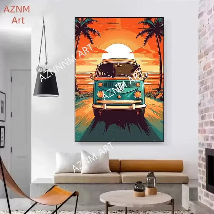 Affiches rétro Vintage Nature Bus sur la plage