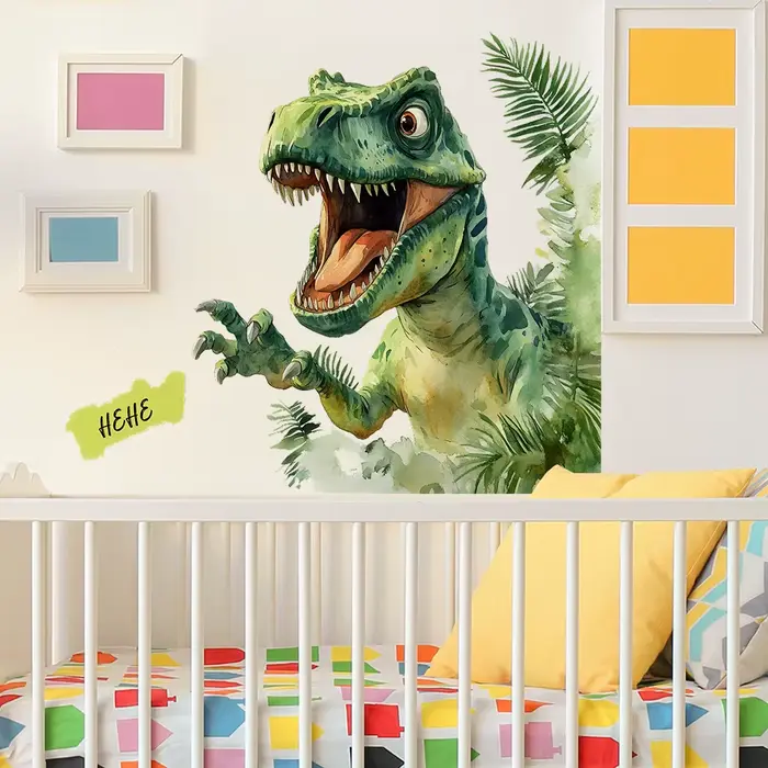 Autocollant Mural de dinosaure peint de dessin animé, décor Mural de fond de chambre d'enfants pour