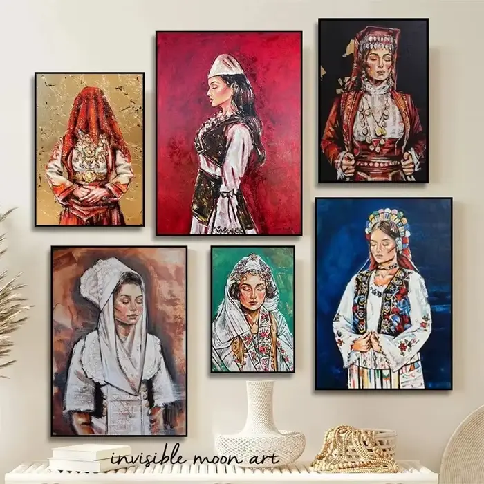 Peinture sur toile 2D, portraits de graffitis de femmes et filles albanaises traditionnelles