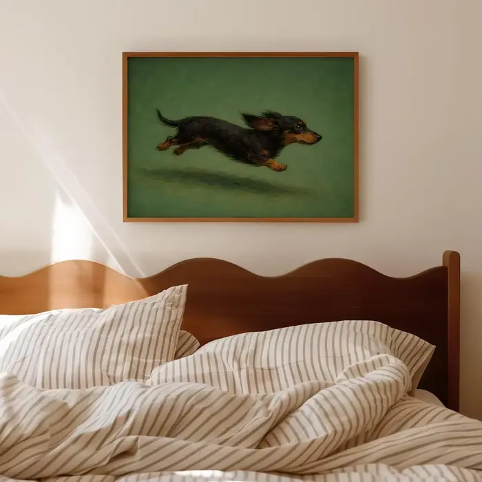 Tableau sur toile style classique 'Dachshund en pleine sautée' - Chien dynamique noir et brun - Impression murale pour salon et décoration intérieure