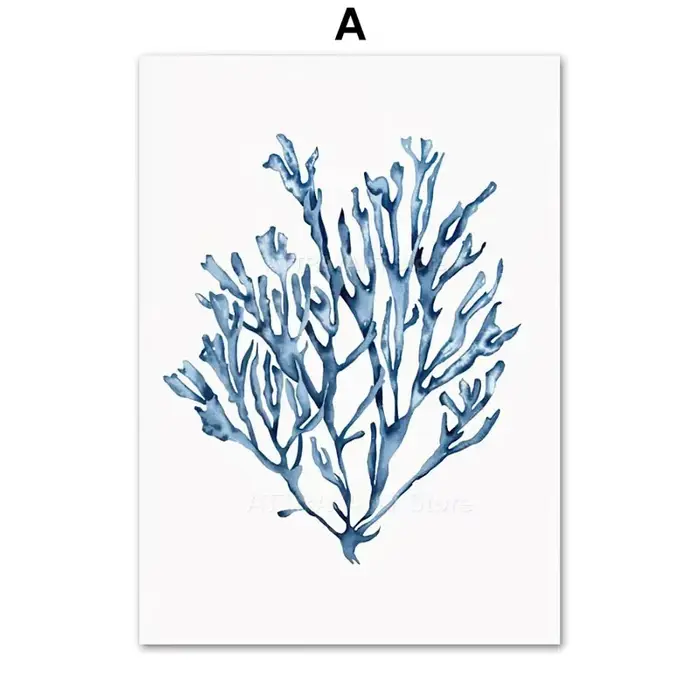 Affiches imprimées en corail, algues, étoile de mer, conque, bleu marine, peinture sur toile d'art m