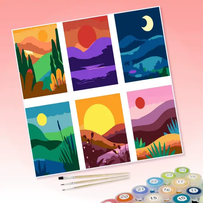 6 groupes de tableaux de paysages de coucher de soleil en montagne