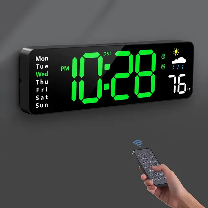 Grande horloge murale numérique avec télécommande, température, humidité, Date, horloge de Table, 12