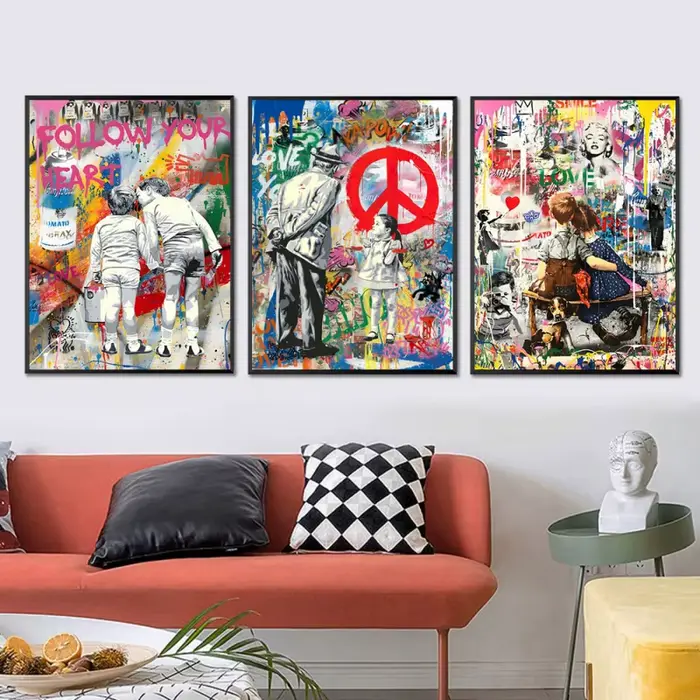 Pop Rue Graffiti Mur Art Banksy Garçon Fille Dans L'amour HD Huile Sur Toile Affiches Et Impressions Pour Salon Chambre Décor