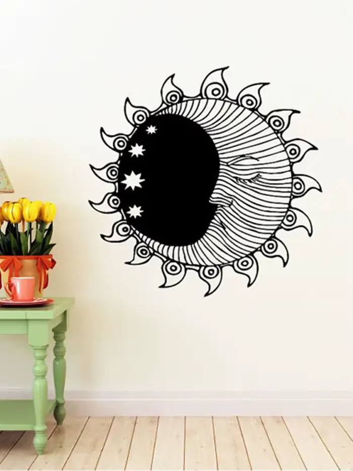 Autocollant mural soleil croissant de lune, double symbole d'étoiles ethniques, autocollants muraux en vinyle, décoration intérieure de maison, chambre à coucher