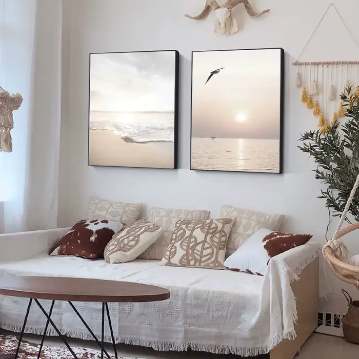 3 pièces lever du soleil plage vague de mer Beige paysage impressions sur toile parfait