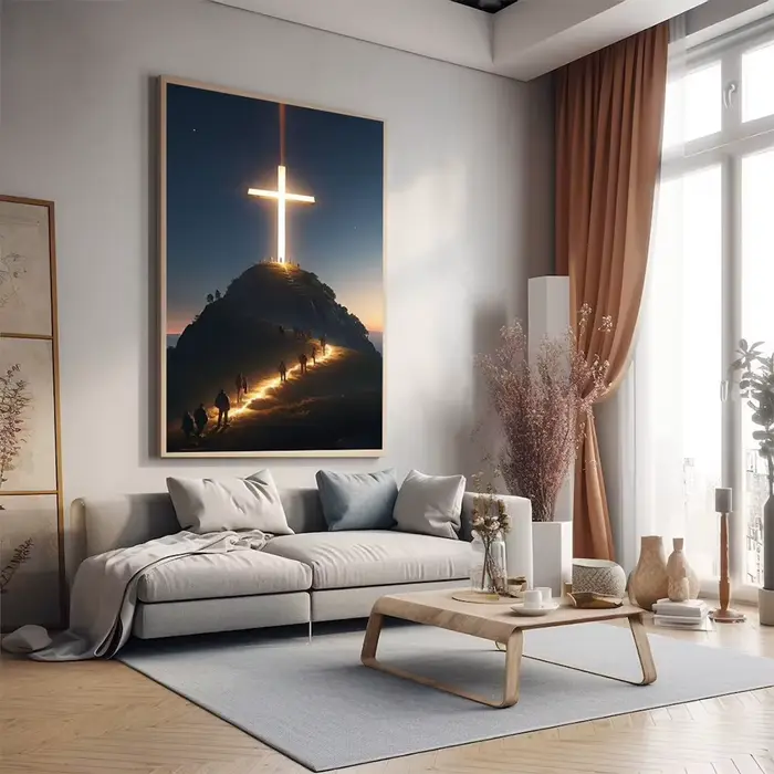 Peinture sur toile de croix chrétienne moderne sur le dessus de la montagne