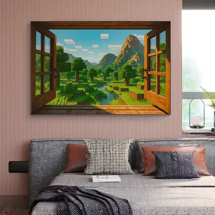 Affiche de jeu vidéo avec vue de fenêtre Steve, Pixel World Sandbox, peinture sur toile, images d'art murales, décor de salle de jeu pour la maison