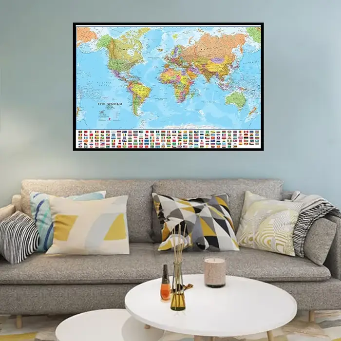 Grande carte du monde pliable 150x100cm, avec drapeaux, carte physique du monde, pour voyage, bureau