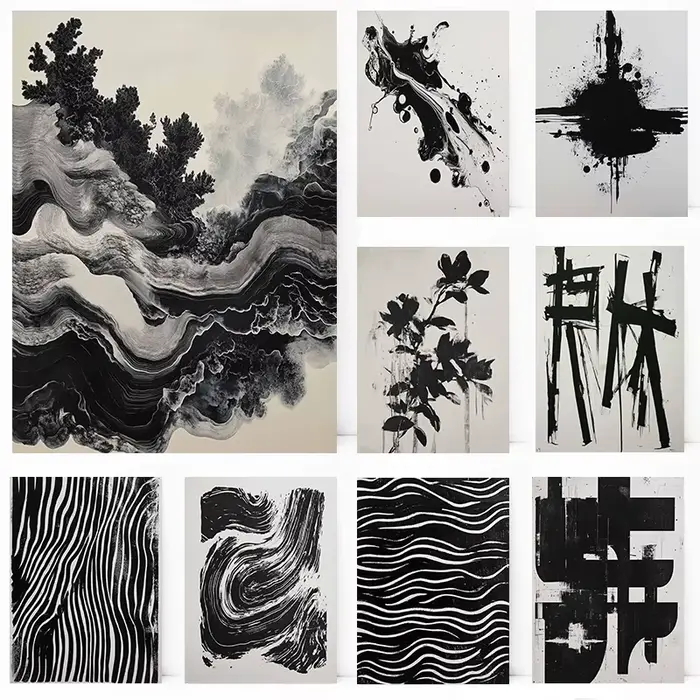 Affiche minimaliste abstraite à lignes fluides noires et blanches, paysage à l'encre, images d'art murales imprimées, peinture sur toile, décoration de maison pour salle