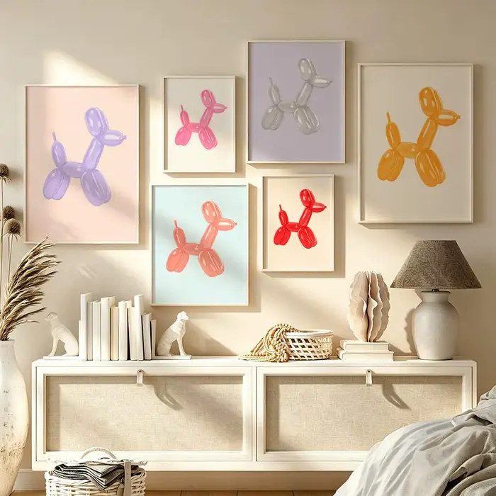 Affiche Minimaliste Mignonne Chien Ballon Rose, Décoration Murale Autocollante Imprimée, Étanche, Esthétique pour la Maison, la Chambre, le Bar, le Couloir