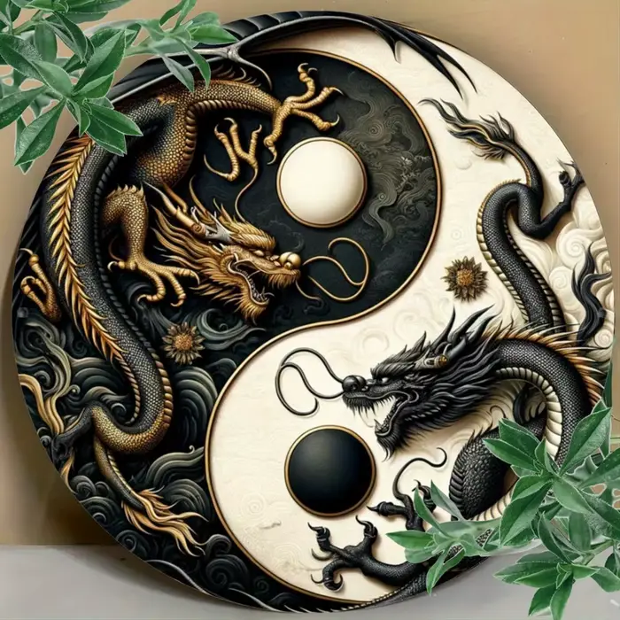 Panneau métallique Dragon chinois Yin-Yang – Art mural Oriental noir et blanc pour la maison, le bur