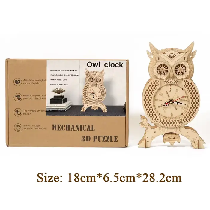 Horloge hibou 3D Puzzle en bois, équipement mécanique, horloges murales rétro, Kits de construction