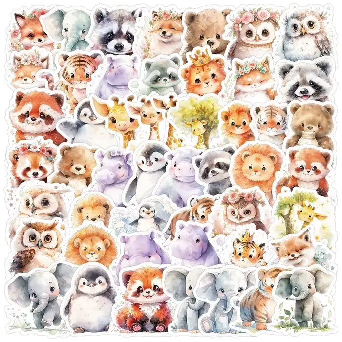 Pack de 50 autocollants d’animaux mignons, animaux de la forêt de style aquarelle, autocollants déco